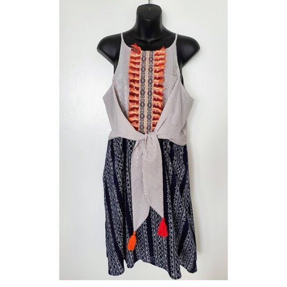 NWT THML Boho Tie-Front Mini Dress Tassel Embroidered A-Line Sundress Sz L Girly - Picture 4 of 8
